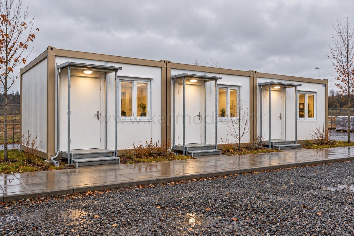 Eingeschossige Containermodule mit kleinen Eingangsvordächern und befestigtem Fußweg.