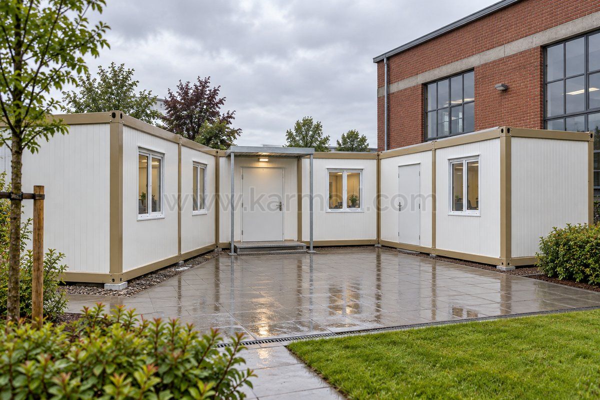 Eingeschossige Bürocontainer mit geschütztem Eingang um einen gepflasterten Innenhof.