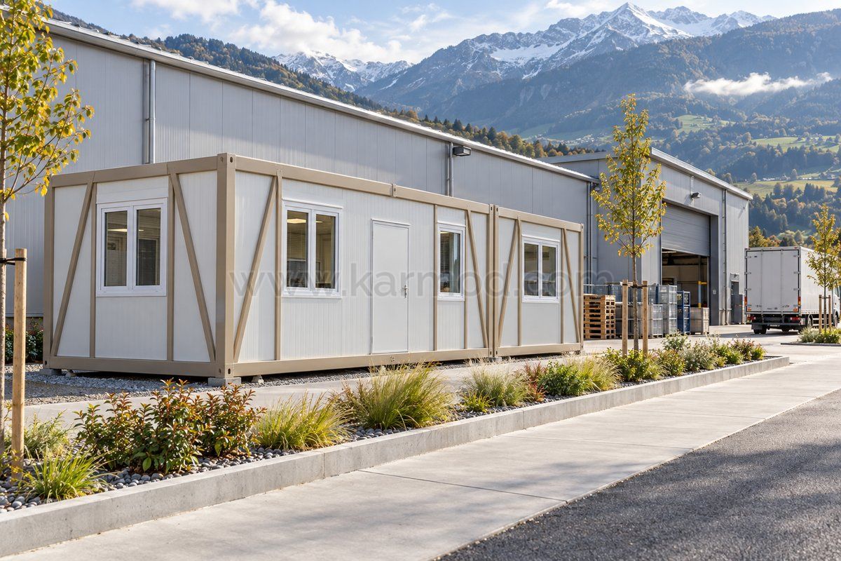 Bürocontainer neben einer Werkhalle mit befestigtem Fussweg und Pflanzstreifen zum Fahrbereich.