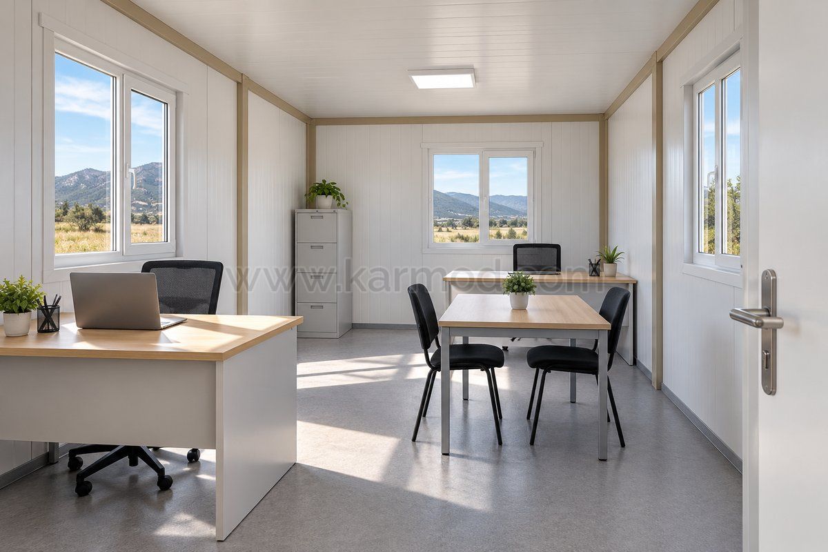 Beispiel eines Bürocontainer-Innenraums mit Arbeitsplätzen, Besprechungstisch und freien Laufwegen.