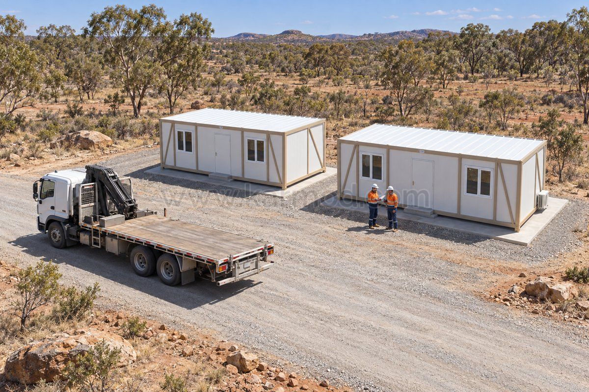 Zwei helle Containermodule auf vorbereiteten Stellflächen neben einem Tieflader; Planungsansicht für einen Standort in Australien.