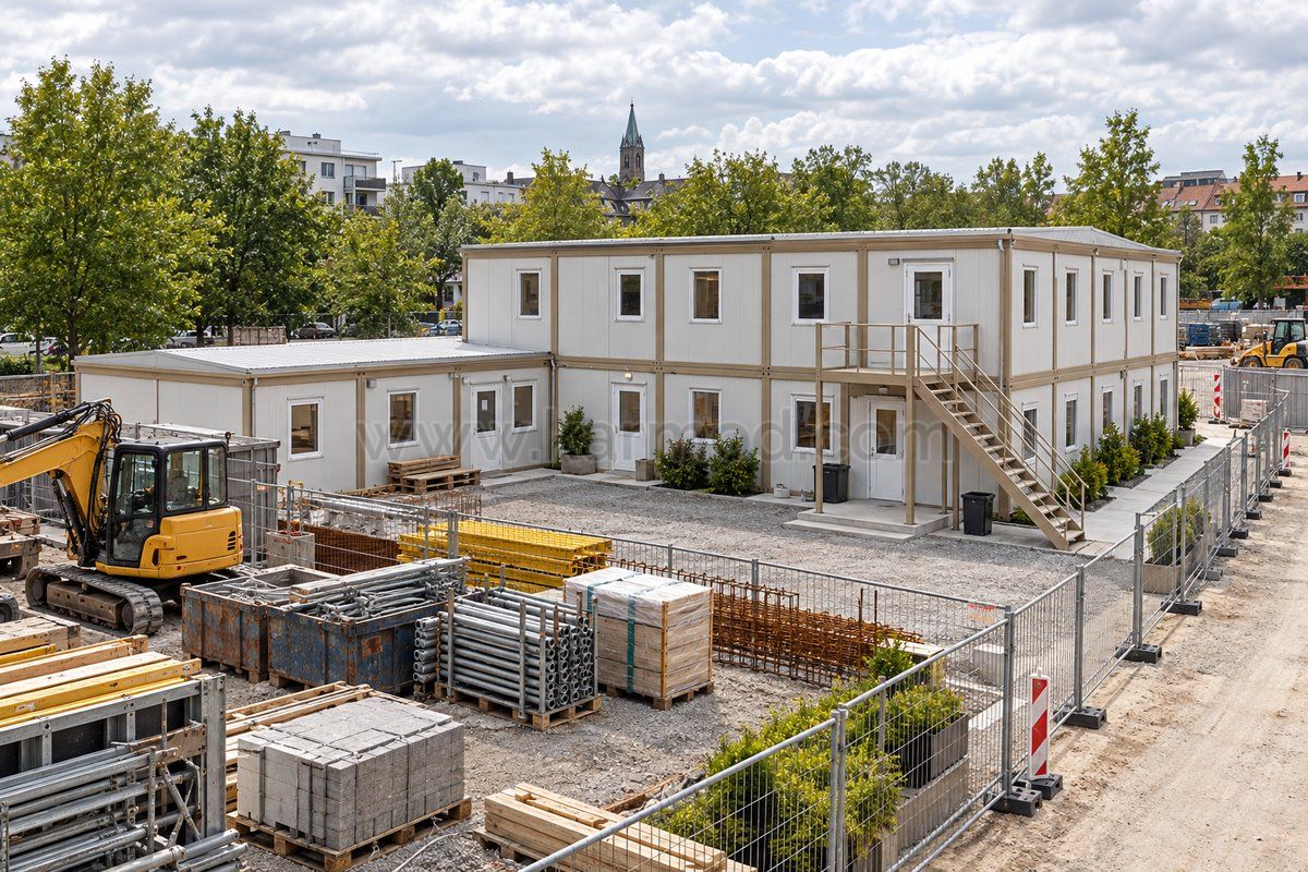 Containeranlage mit Büro- und Aufenthaltsräumen sowie freigehaltenem Fußweg am Baustellenrand.