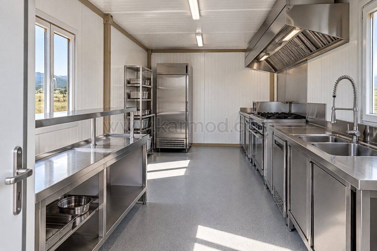 Beispiel einer temporären Containerküche mit Edelstahl-Arbeitsflächen, Spüle und freiem Mittelgang.