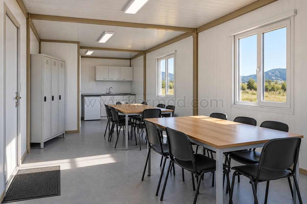 Pausenraum mit Tischen, Stühlen, Spinden und einer kleinen Küchenzeile in einer modularen Anlage.