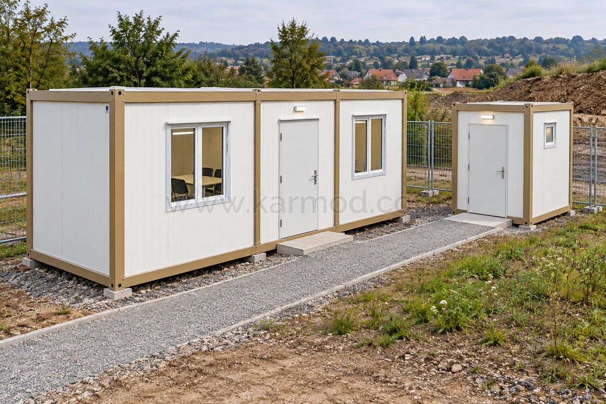 Mannschafts- und Sanitärmodule mit einem gemeinsamen, vom Baustellenverkehr getrennten Zugangsweg.