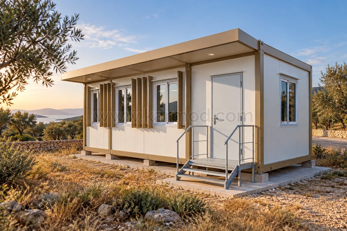 Modelo de escritório modular com pala de cobertura e proteções solares verticais nas janelas