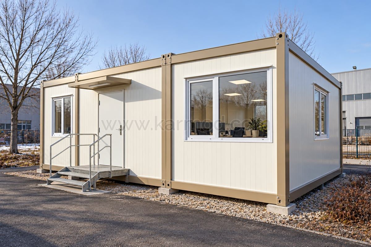 Modelo de escritório modular com janela ampla e união vertical entre duas unidades de painéis isolados