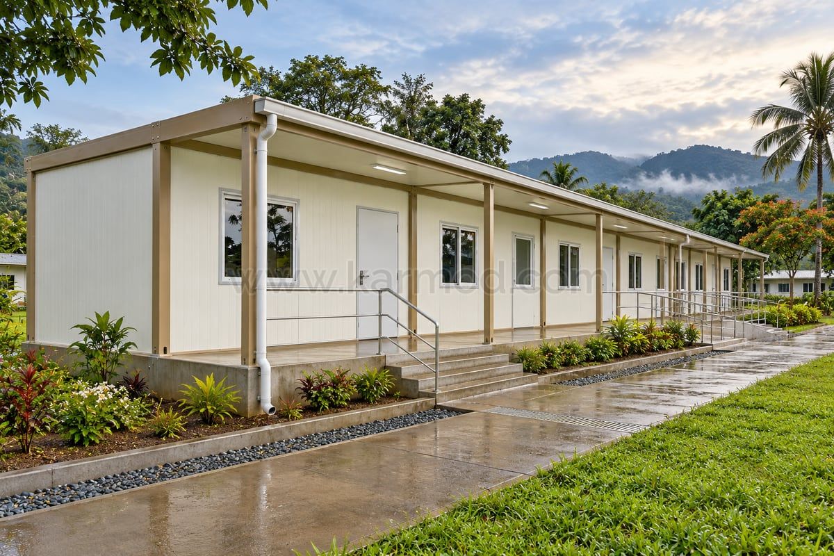 Modelo de edifício modular com varanda contínua, tubos de queda e drenagem junto ao caminho exterior