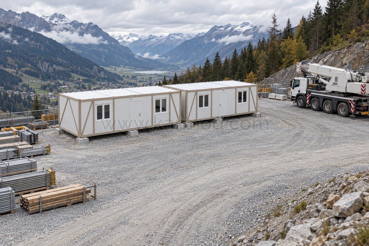 Zwei Raumcontainer mit freien Zufahrts- und Rangierflächen auf einem befestigten Werkplatz.