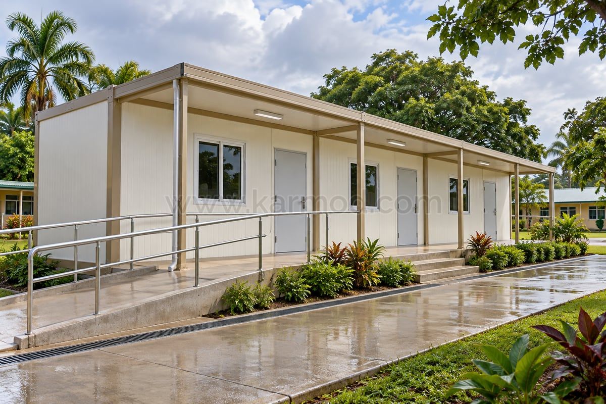 Modelo de bloco de salas modulares com galeria coberta, rampa e canal de drenagem junto ao percurso