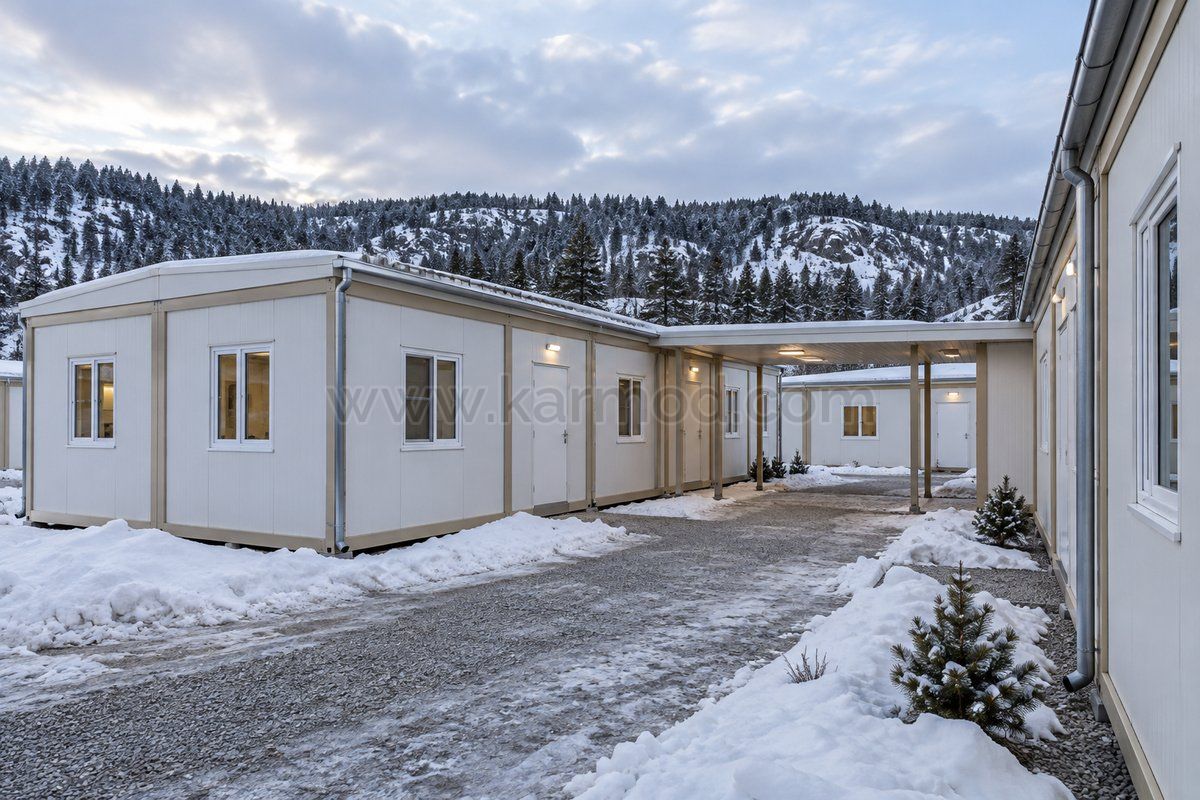 Eingeschossige Unterkunftsmodule mit überdachtem Verbindungsweg und geräumtem Zugang im Schnee.