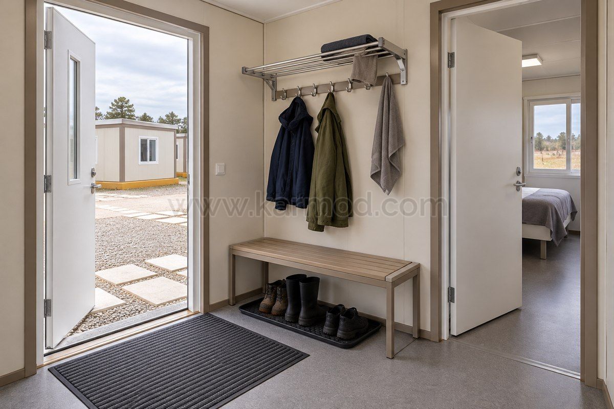 Planungsvisualisierung eines Windfangs mit Garderobe und Schuhablage in einer modularen Unterkunft für Norwegen