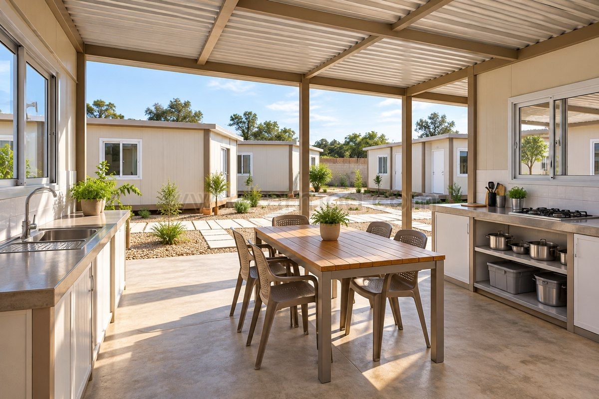 Planungsvisualisierung einer modularen Gemeinschaftsküche mit überdachter offener Veranda für einen Standort in Paraguay