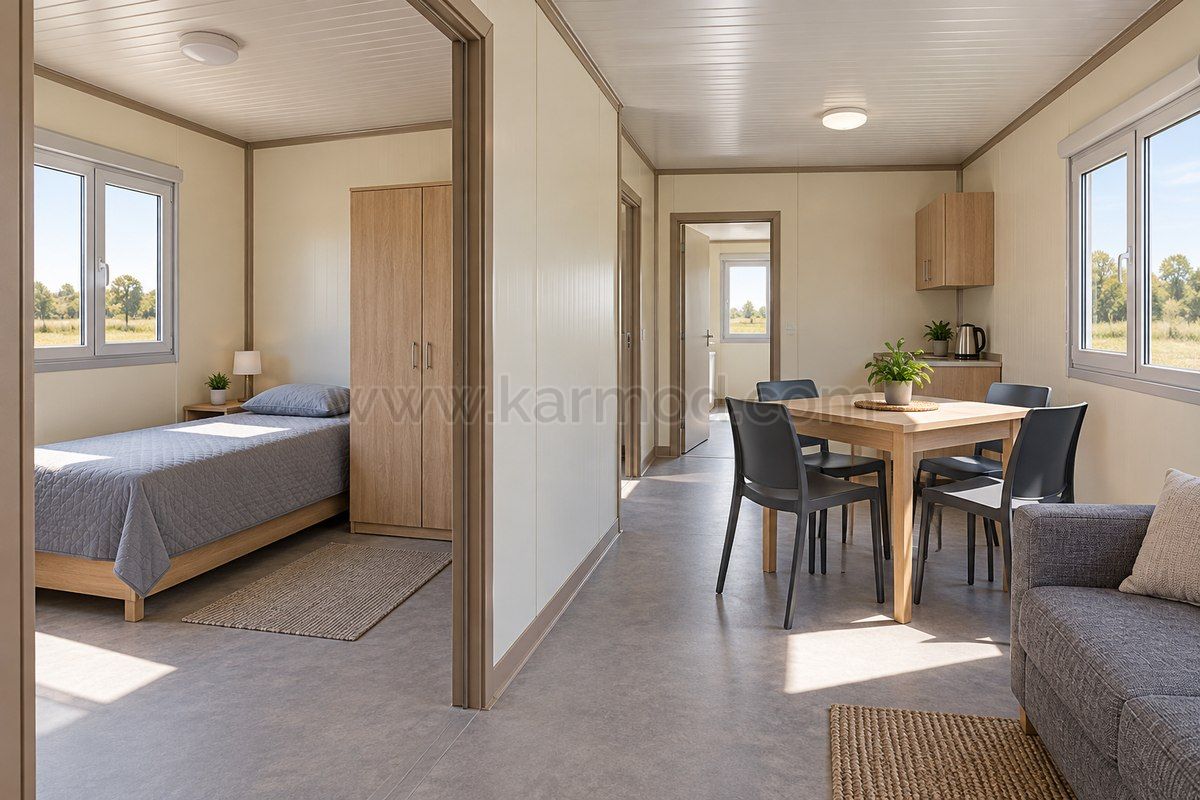 Planungsvisualisierung eines modularen Familienwohnraums mit Schlafnische und Esstisch für eine Unterkunft in Polen