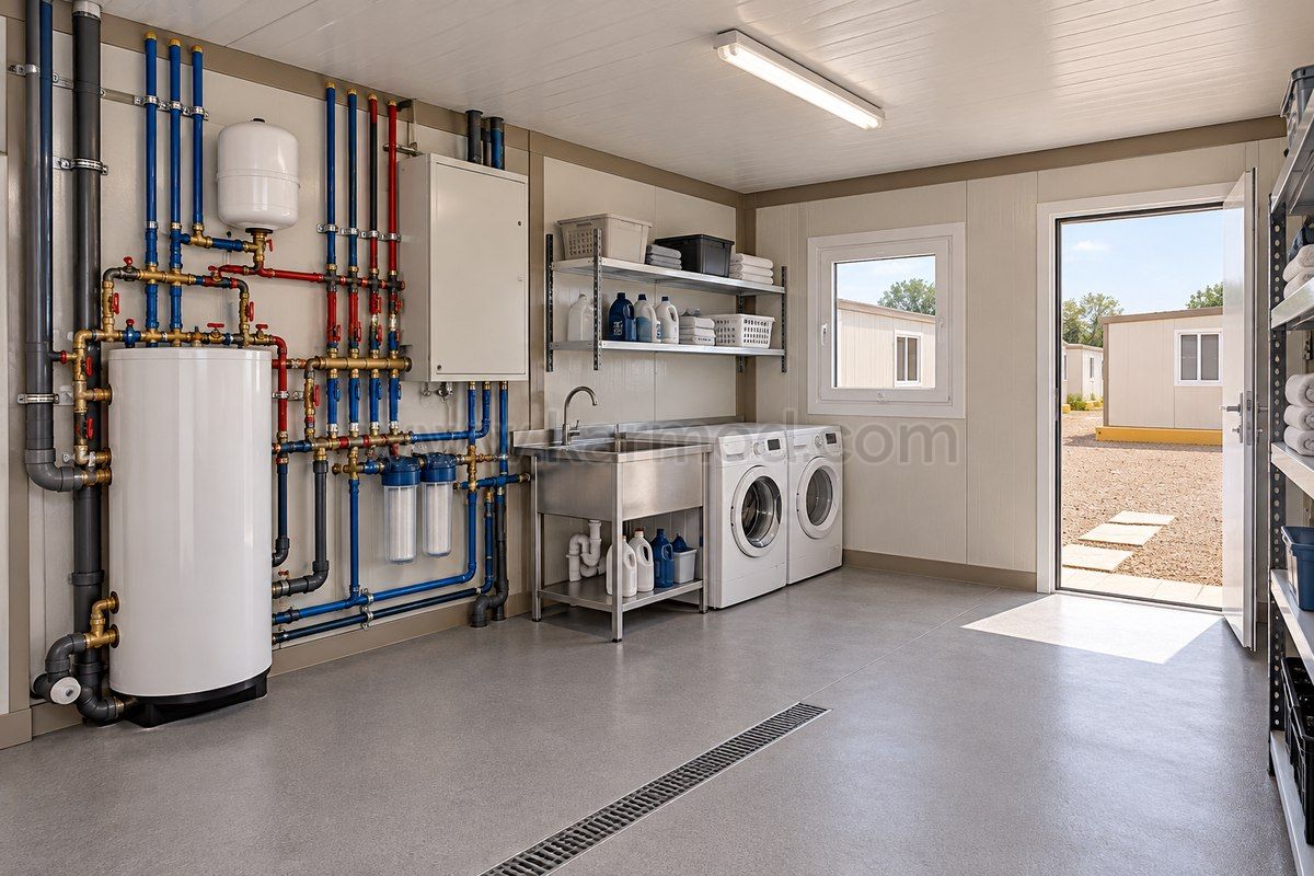 Planungsvisualisierung eines modularen Technik- und Waschraums mit zugänglicher Installationswand für eine Unterkunft in Rumänien