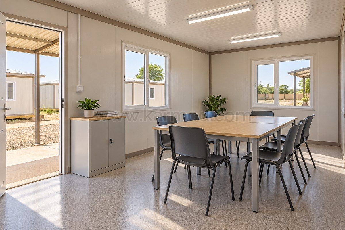 Planungsvisualisierung eines modularen Gemeinschaftsraums mit verschattetem Außenbereich für eine Unterkunft in Südafrika