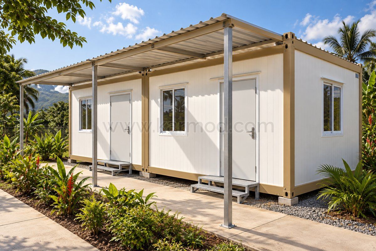Helle Wohncontainer-Module mit separater Überdachung vor den Eingängen und seitlichen Fenstern.