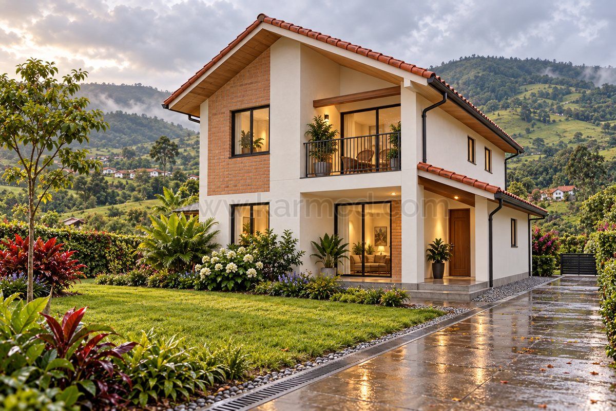 Casa de dois andares com beirais, varanda e canaleta junto ao caminho, em paisagem verde ilustrativa inspirada na Colômbia.