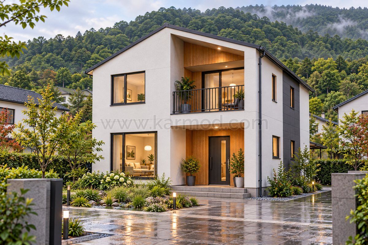 Casa compacta de dois andares com varanda abrigada, entrada recuada e jardim, em ilustração inspirada na Coreia do Sul.