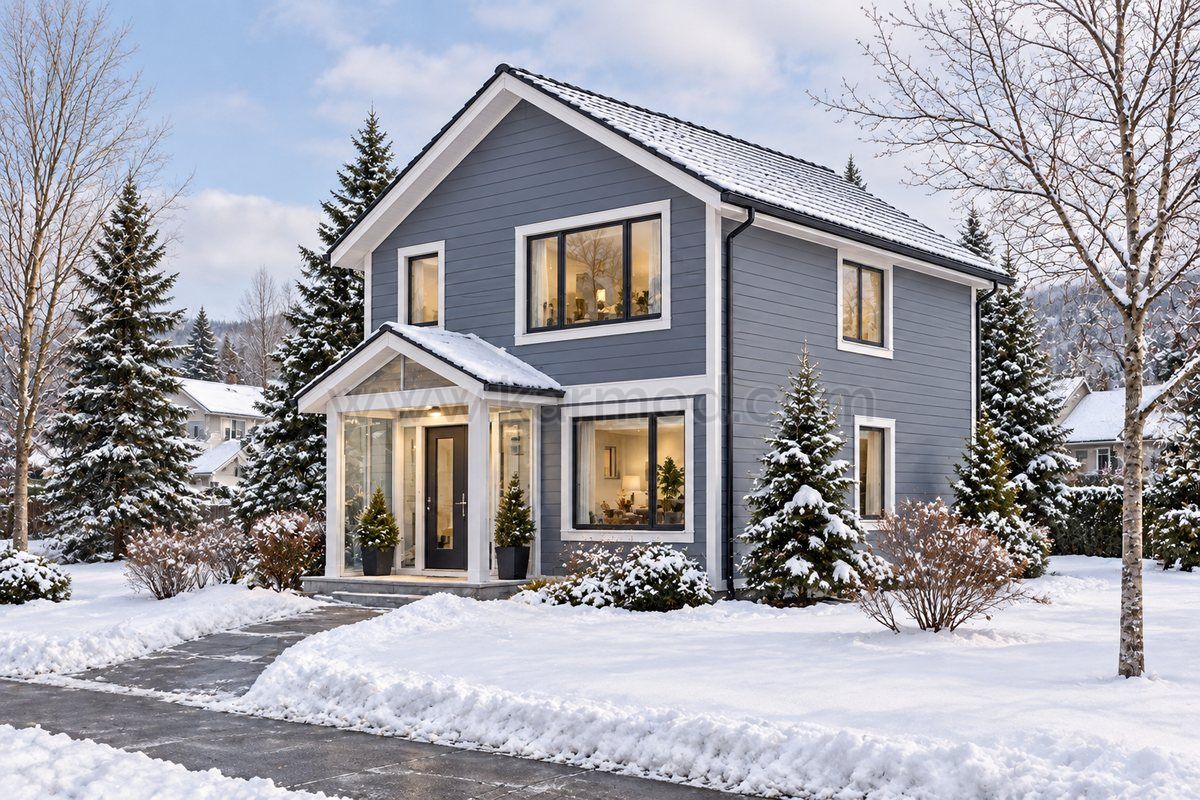 Casa pré-fabricada de dois andares com fachada azul-acinzentada e entrada envidraçada protegida, em cenário de inverno canadense ilustrativo.