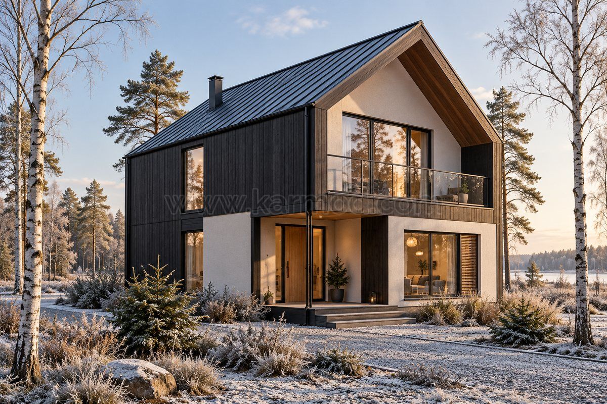 Casa pré-fabricada de dois andares com madeira escura, telhado inclinado e entrada protegida em ambiente de inverno inspirado na Estónia.
