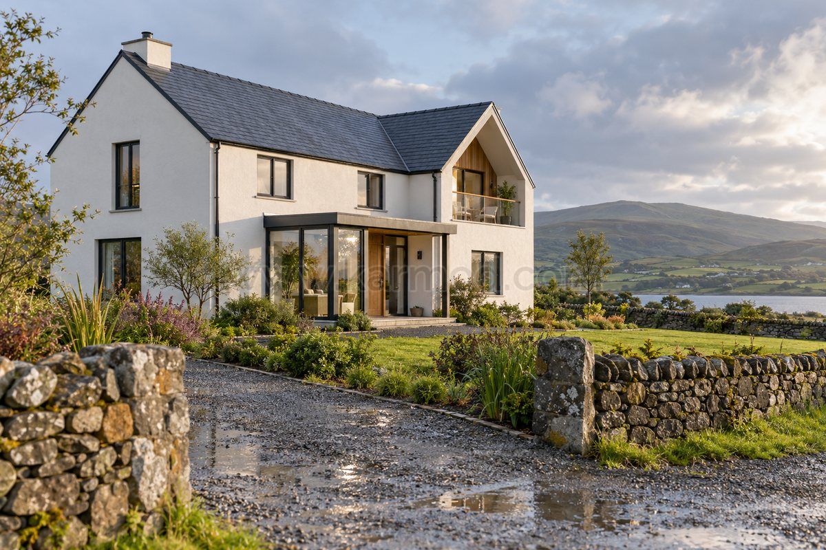 Casa pré-fabricada de dois andares com fachada branca, entrada envidraçada e caminho molhado em paisagem inspirada na Irlanda.