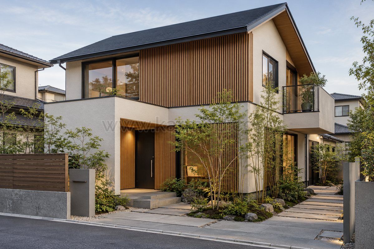 Modelo de casa pré-fabricada de dois andares com entrada recuada, painéis de madeira e jardim compacto para um projeto no Japão.