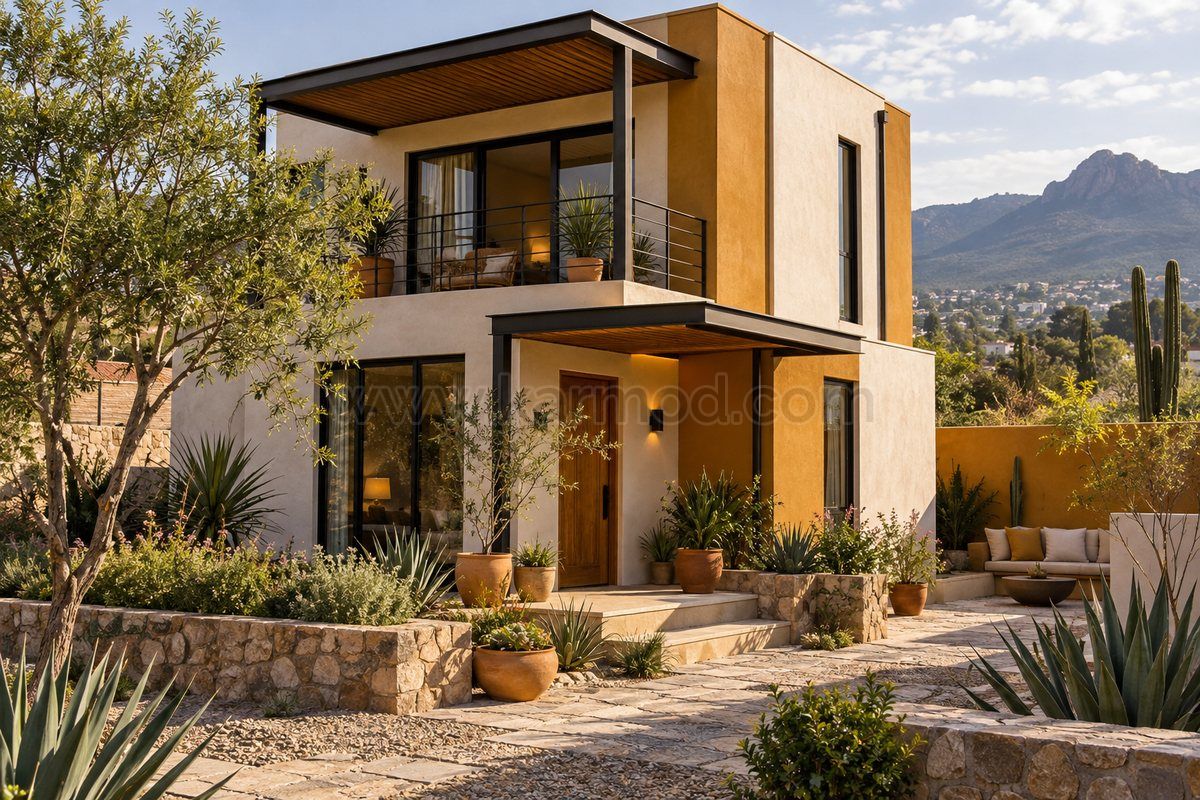 Casa pré-fabricada de dois andares com varanda protegida e jardim de plantas resistentes à seca em proposta para o México.