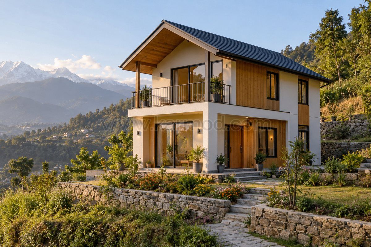 Casa pré-fabricada de dois andares com varanda e jardim em terraços sobre terreno suavemente inclinado, em proposta para o Nepal.