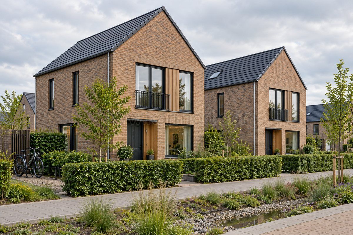 Duas casas pré-fabricadas de dois andares com fachadas em tons de tijolo, jardins e faixa de drenagem em proposta para os Países Baixos.