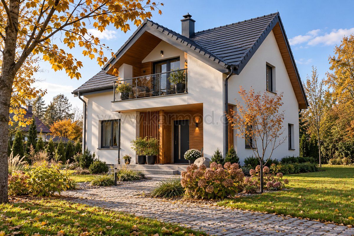 Casa pré-fabricada de dois andares com entrada protegida e telhado escuro em jardim de outono inspirado na Polónia.