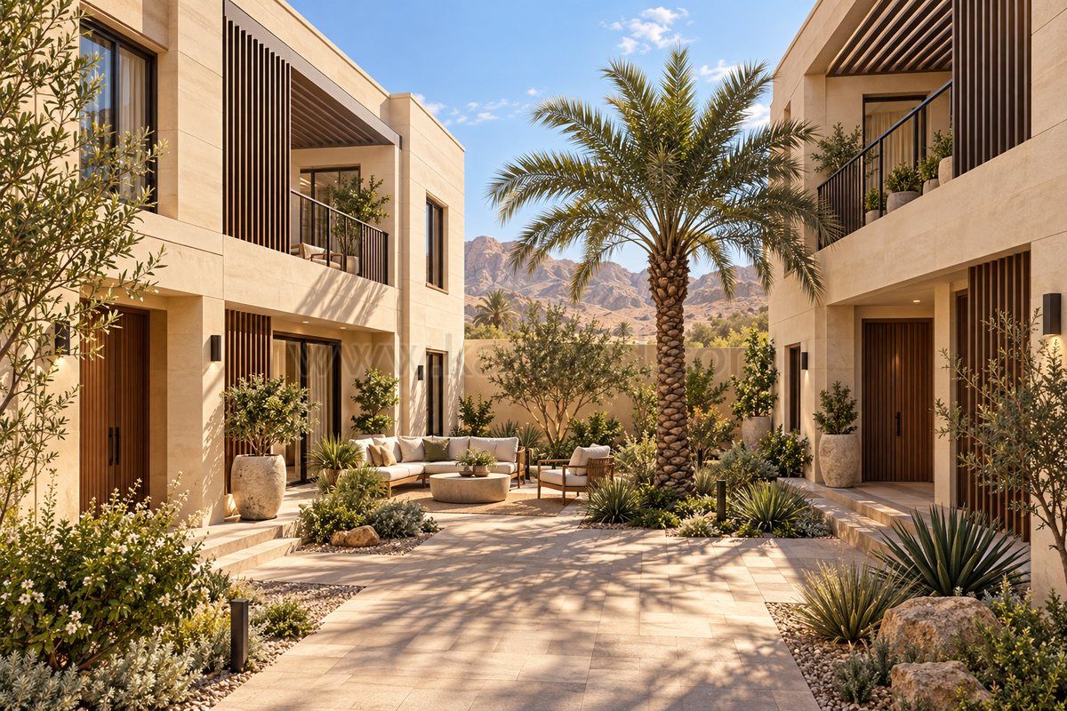 Pátio entre casas de dois andares com fachadas claras, painéis de sombreamento e palmeira, em estudo para a Arábia Saudita.