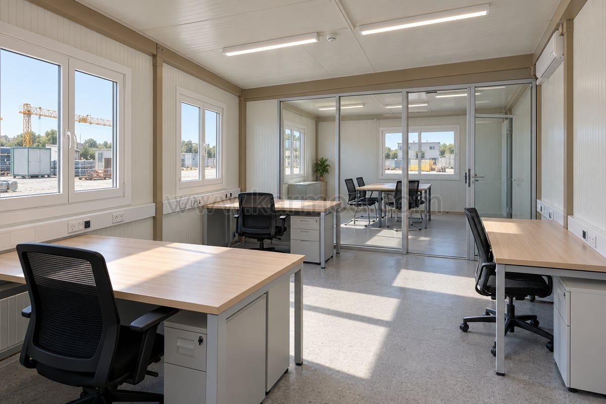 Interior de escritório modular com mesas, tomadas, calhas técnicas e sala de reunião separada por vidro