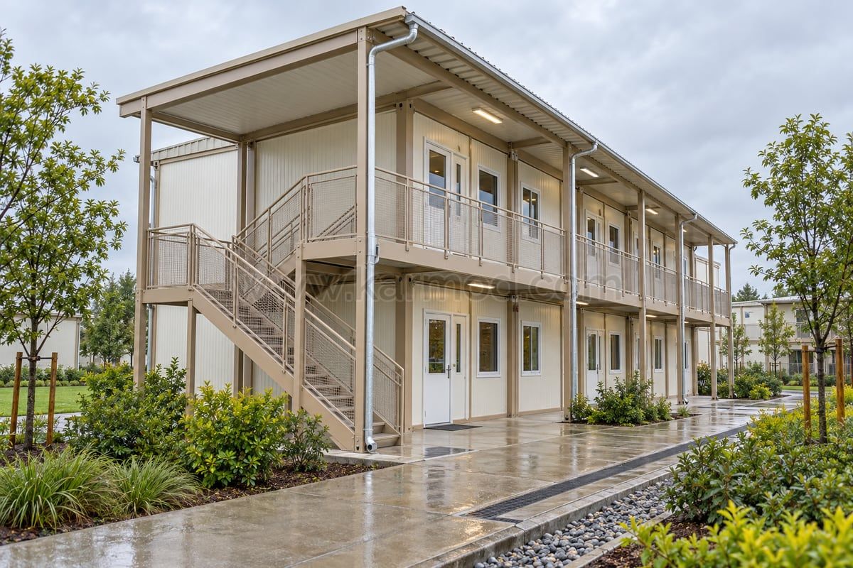 Modelo de galeria de escola modular com caleiras, tubos de queda e canal de drenagem ao longo do caminho