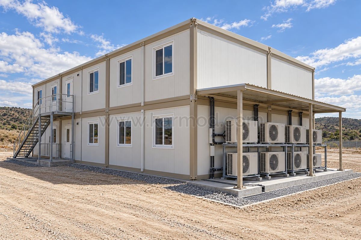 Modelo de zona técnica de climatização junto a escritório modular com cobertura ventilada e corredor de manutenção