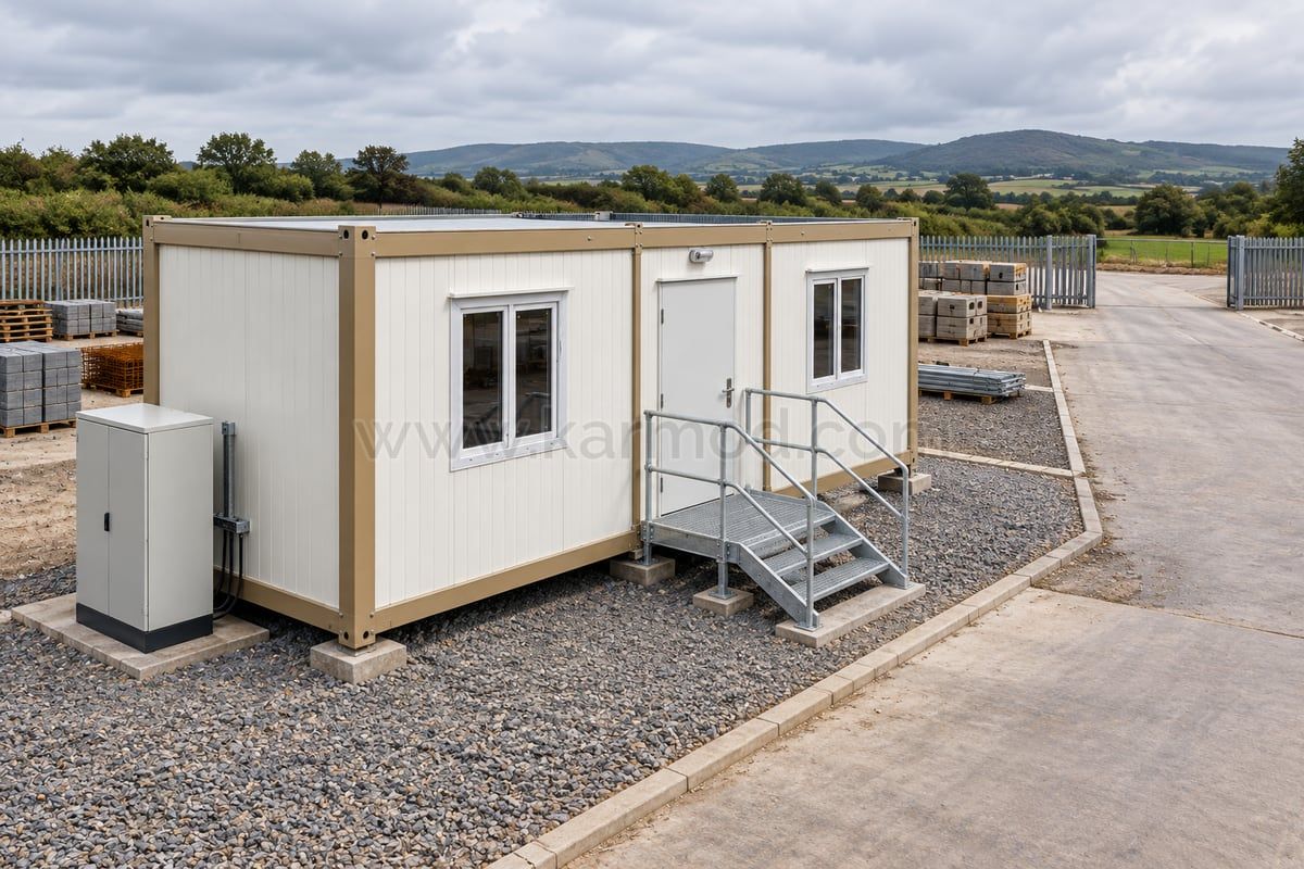 Modelo de escritório modular junto a faixa livre para retirada, com escada exterior e zona de apoio à movimentação