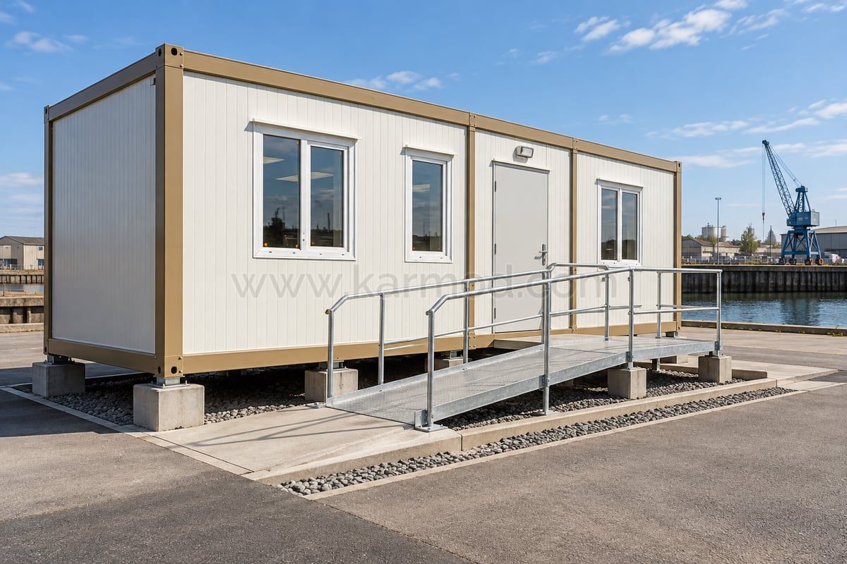 Modelo de escritório modular sobre apoios preparados com rampa, faixa de drenagem e passagem acessível junto à base