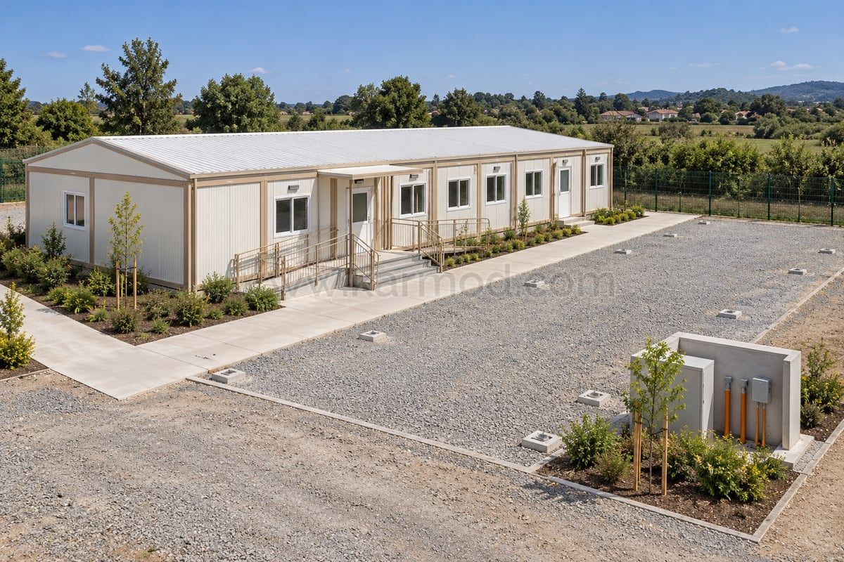 Modelo de salas de aula modulares com faixa lateral preparada para ampliação e passagem contínua junto à fachada