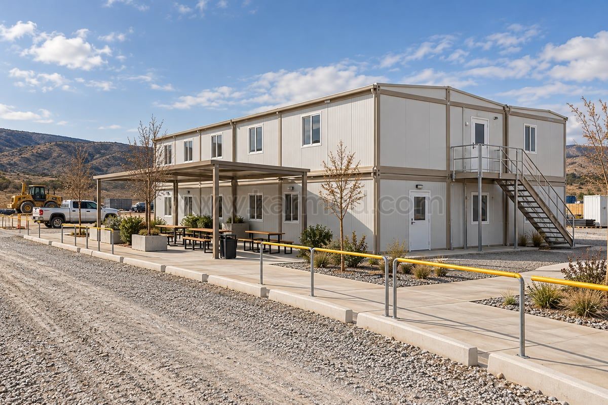 Modelo de escritório modular com percurso pedonal pavimentado separado de uma via de veículos por barreiras baixas