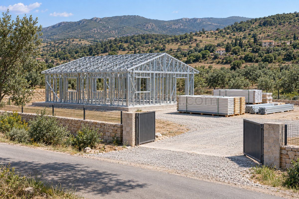 Acceso amplio a una parcela con estructura de vivienda en montaje, propuesta para Argelia