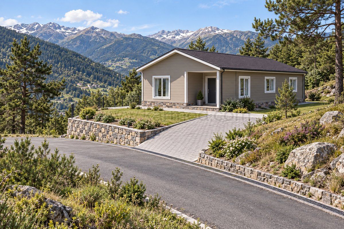 Vivienda prefabricada sobre una plataforma nivelada con acceso desde una carretera de montaña