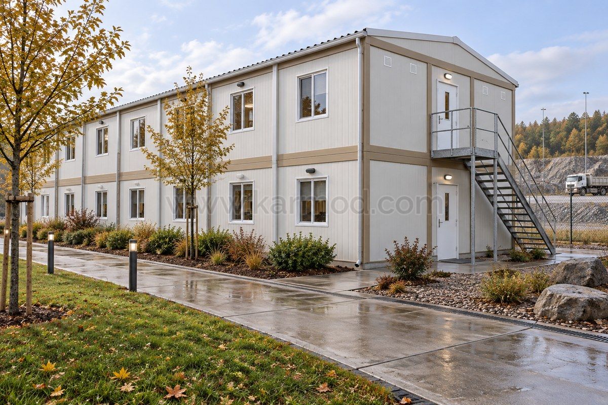 Edificio modular de dos plantas con paneles blancos, escalera exterior y acceso peatonal ajardinado.