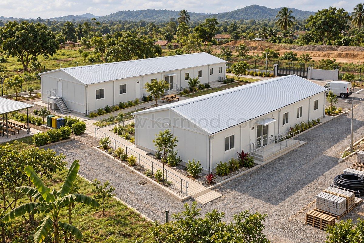 Illustration d’une base de chantier modulaire avec cheminement piéton séparé de la voie de service
