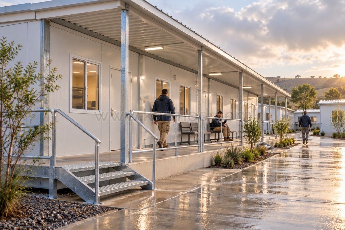 Representación de una galería cubierta con bancos junto a habitaciones modulares de una planta