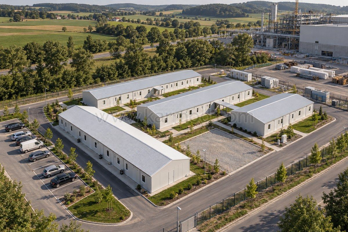 Vista aérea de cuatro edificios modulares de una planta con caminos peatonales y vial perimetral.