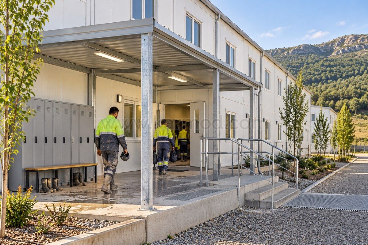 Representación de una entrada cubierta con taquillas y banco junto a un dormitorio prefabricado