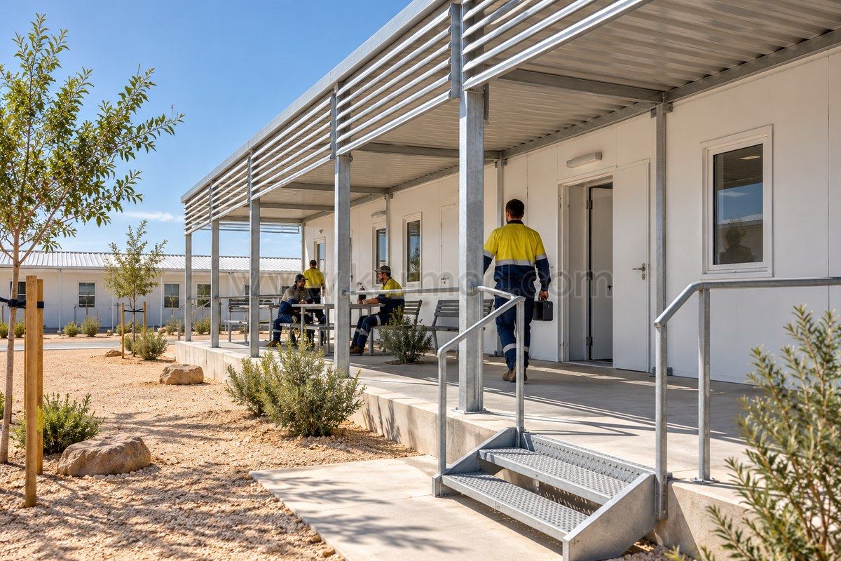 Representación de una galería sombreada con celosías metálicas junto a habitaciones modulares de una planta