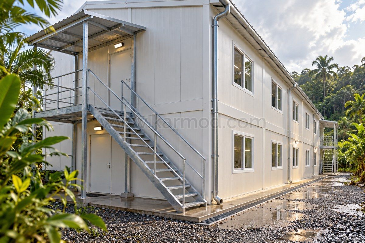 Representación de un edificio modular con aleros, bajantes y drenaje junto a vegetación tropical