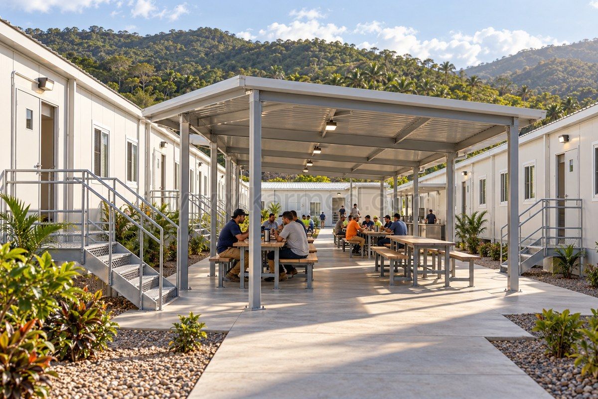 Representación de un porche comedor compartido entre edificios modulares