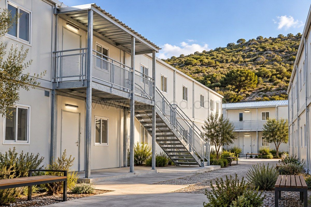 Representación de un patio compacto con escalera exterior junto a dormitorios modulares